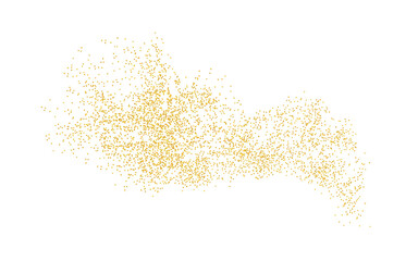 Background plume golden texture crumbs. Gold dust scattering on a white background. Sand particles grain or sand assembled. Vector backdrop dune, pieces abstraction. Illustration grunge for design