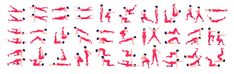 Women Workout Set. women exercise vector set. Women doing fitness and yoga exercises. Lunges, Pushups, Squats, Dumbbell rows, Burpees, Side planks, Glute bridge, Leg Raise, Russian Twist .etc - obrazy, fototapety, plakaty