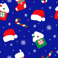 New Year and Christmas seamless cartoon pattern. Colorful socks, Santa hats, sugar canes, house on a blue background. Vector background with snowflakes and confetti.