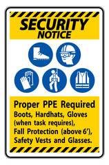 Security Notice Sign Proper PPE Required Boots, Hardhats, Gloves When Task Requires Fall Protection With PPE Symbols