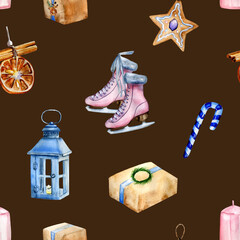 Watercolor hand painted Christmas seamless pattern including candle holder, ice skates, Christmas tree decoration - dried orange with cinnamon sticks, Christmas candy, gingerbread, candle on brown.