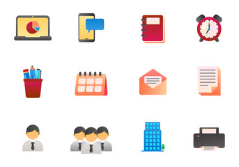 Set of office related vector illustration isolated on white background. Office icons in gradient style