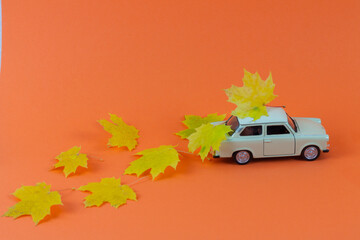 Toy car with autumn leaves on the orange textured wall. Romantic background. Flat lay, top view,...