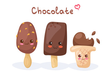 Cute vector illustration of chocolate ice cream cartoon characters. Kawaii food isolated on white background. Funny children menu elements. Adorable fabric print, greeting card, poster elements.