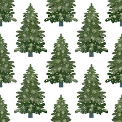 Christmas fir trees in a seamless pattern, modern hand draw design. Winter background. Can be used for printed new year materials - leaflets, posters, business cards or for web