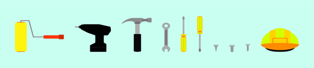 Set of building tools cartoon icon design template with various models. vector illustration isolated on blue background