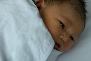 Top View Of New Born Girl Sleeping In Hospital