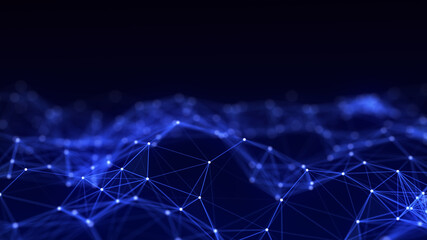 Digital dynamic wave. Abstract futuristic blue background with dots and lines. Big data visualization. 3D rendering.