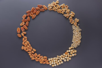 almond, pine, pecan nuts, walnuts, hazelnuts forming  a round frame on a grey table