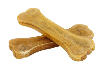 Pressed rawhide bone shaped dog chews isolated on a white background
