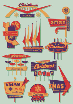 Christmas Party Signboards Mid Century Modern Shapes Style 