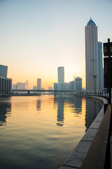 Sunrise at the Dubai water canal. UAE.