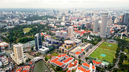 Aerial view of downtown, public park, business center of Singapore.