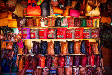 Bright  leather bags in the Moroccan market.