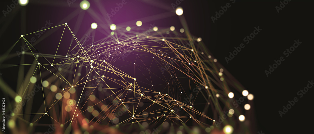 Poster Global network 3D illustration. Visualization of neural connections in artificial intelligence. Abstract, high tech, full color background with polygonal mesh elements
