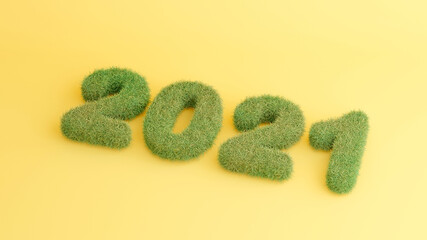 3d render of green grass on happy new year 2021 text