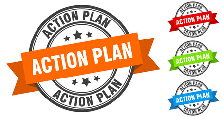 action plan stamp. round band sign set. label