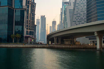 Fototapeta na wymiar Sunrise at the Dubai water canal. UAE.