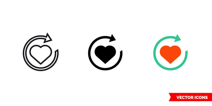Restart love icon of 3 types color, black and white, outline. Isolated vector sign symbol.