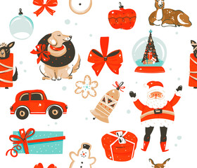 Hand drawn vector abstract fun stock flat Merry Christmas,and Happy New Year time cartoon festive seamless pattern with cute illustrations,of Xmas Santa Claus and cookies isolated on color background