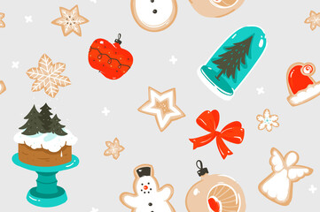 Hand drawn vector abstract fun stock flat Merry Christmas,and Happy New Year time cartoon festive seamless pattern with cute illustrations,of Xmas snow globe and cookies isolated on color background