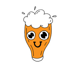 Hand drawn yellow beer mug with eyes and smile.