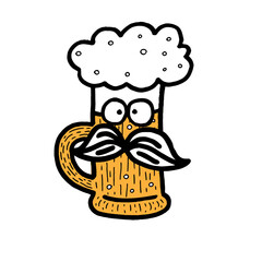 Hand drawn yellow beer mug with eyes and smile.