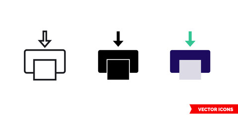 Send to printer icon of 3 types color, black and white, outline. Isolated vector sign symbol.