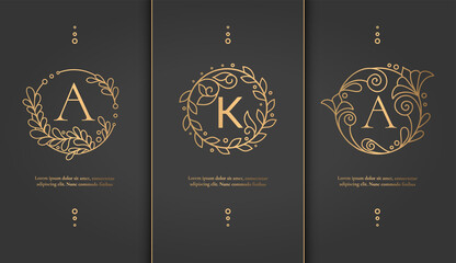 Golden set of linear frames with leaves in a circle shape. Can be used for jewelry, beauty and fashion industry. Great for logo, monogram, invitation, flyer, menu, background, or any desired idea.