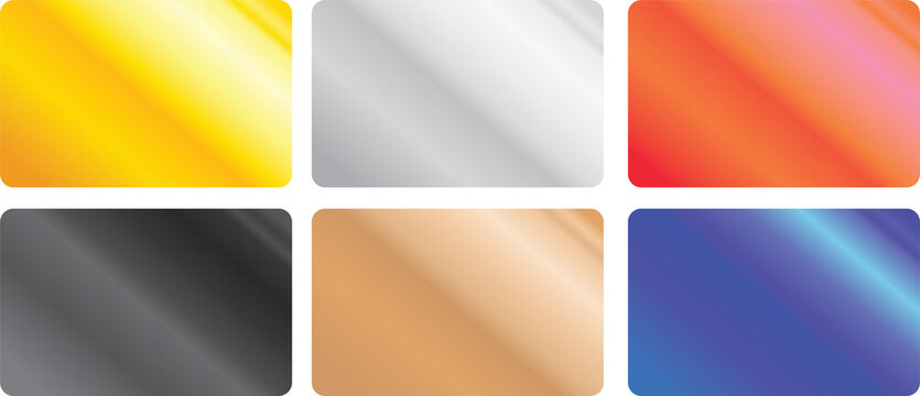 A vector set of credit card sized clean templates with shiny metal chrome gradient of different colors: silver, gold, bronze, black, red and blue. Can be used as a retail bonus or gift card template.