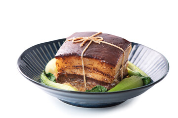Fototapeta na wymiar Isolated Dong Po Rou (Dongpo pork meat) in a beautiful plate with green vegetable.