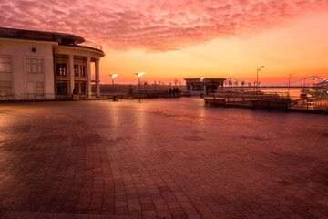 City square and River port in Kyiv (Kiev) at sunrise, scenic cityscape, Ukraine