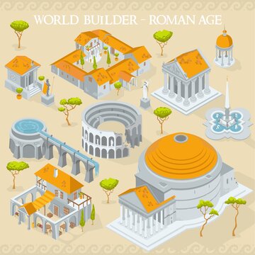 Ancient Roman Empire age map builder illustrations of architecture elements in isometric isolated vector illustration
