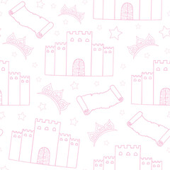 Fairy tale seamless pattern. Pink castle, diadem, stars and old scroll on a white background. Hand drawing. Vector illustration.