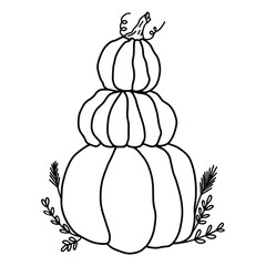 Tower of pumpkins in the grass on a white background. Black and white doodle vector illustration of three gourds. Isolated festive pumpkin composition for postcard, poster, print.
