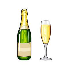 Champagne bottle and glass of champagne. Design element champagne. Cartoon style. Hand drawing champagne. Vector illustration champagne. Happy New Year. Merry Christmas. Holidays design element.