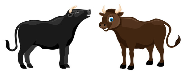 Illustration with two cute bulls on white background.