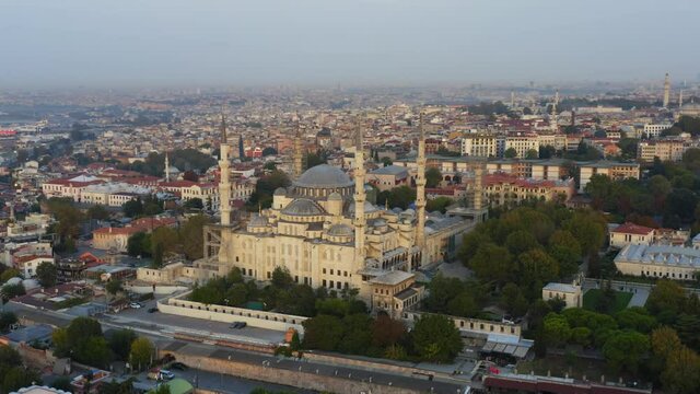 Istanbul, Turkey, Blue Mosque at down. Aerial all-round view