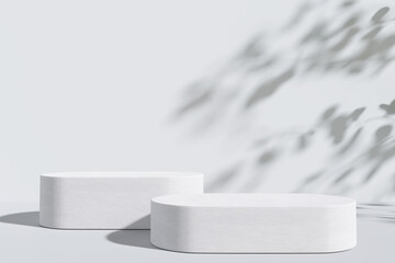 Marble product display podium with shadow nature leaves on white background. 3D render