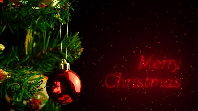 Merry christmas. Christmas tree with ornaments and red greeting text animation snowing background.