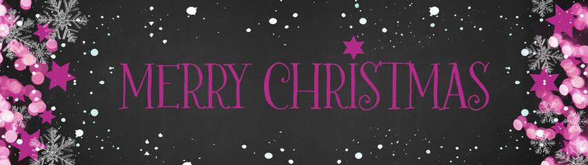 Fototapeta premium Festive Merry Christmas background banner Panorama, card template -Pink Stars, bokeh lights, ice crystals and snowy snowflakes, isolated on dark black night texture, with copy space