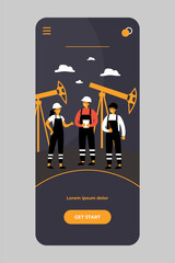 Oil refinery engineers working on factory. People wearing helmets and overalls standing at petroleum pipes. For oil and gas industry, production, pipelines concept