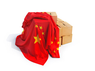cardboard boxes cover china flag isolated. china goods concept. 3d illustration