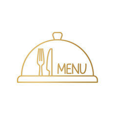 golden food tray with menu word and cutlery set icon - vector illustration