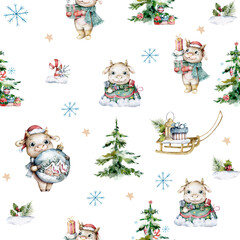 Cute cow in winter costume seamless pattern. 2021 The year of the ox. Animal in Christmas holidays cartoon character background Hand drawn watercolor illustration
