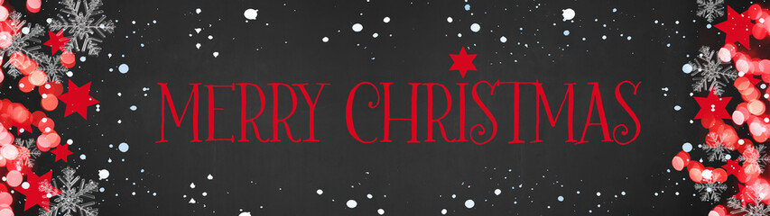 Festive Merry Christmas background banner Panorama, card template -Red stars, bokeh lights, ice crystals and snowy snowflakes, isolated on dark black night texture, with copy space