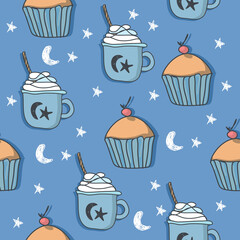 Vector seamless pattern with Christmas elements for background. New Year's, cozy, cute elements.