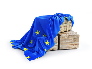 wooden boxes cover euro union flag isolated. e.u. goods concept. 3d illustration