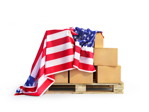 cardboard boxes cover U.S Flag isolated. U.S goods concept. 3d illustration