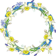 Round garland with spring flowers scilla and daffodils. Decorative saeson floral frame for festive design
